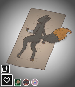 ambiguous_gender anthro arm_wraps bandage black_body black_fur butt fur glue_trap grey_body grey_fur imminent_death multicolored_body multicolored_fur nude solo two_tone_body two_tone_fur two_tone_tail wraps ellathefoxy casualties:_unknown dying_in_a_glue_trap expie_(gunsawian) gunsawian hi_res meme