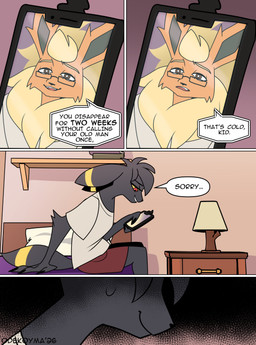 anthro bed black_body bodily_fluids dialogue duo electronics eyewear furniture furniture_lamp glasses male nightstand phone phone_call phone_screen pillow red_eyes sitting smile speech_bubble sweat sweatdrop text wearing_glasses yellow_sclera odeko-yma nintendo pokemon pokemon_mystery_dungeon spike_chunsoft lucky_(odeko-yma) eeveelution generation_2_pokemon pokemon_(species) umbreon 2026 absurd_res comic digital_media_(artwork) english_text hi_res signature