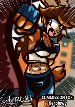 abs anthro athletic_wear belly big_breasts blue_eyes blurred_background bodily_fluids bottomwear breasts breath brown_body brown_fur brown_hair buckteeth cleavage clothed clothing female fingerless_gloves fur gloves gym gym_bottomwear gym_shorts hair handwear navel ponytail punch punching_bag rabbit_ears scut_tail short_tail shorts solo sweat sweatdrop tail teeth text training training_bra training_pants white_body white_fur cabimangaka juni_(kerplewy) lagomorph leporid mammal rabbit absurd_res commissioner_name hi_res shaded signature