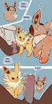 1:2 brown_body brown_fur comic earmuffs eevee eeveelution electricity english_text erection feral floofyskydraws fur generation_1_pokemon genitals group hi_res human humanoid_genitalia humanoid_penis interspecies jolteon looking_at_another male mammal moan neck_tuft nintendo penis pokemon pokemon_(species) pokephilia sparks text tongue tongue_out trio tuft yellow_body yellow_fur