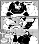 absurd_res anthro big_muscles big_pecs bottomwear clothing comic deer duo eating hi_res horn huge_muscles huge_pecs hyper hyper_muscles lagomorph larger_male leporid lips long_ears male mammal mask monochrome muscular muscular_anthro muscular_arms muscular_male pants parttimeyeen_(artist) pecs rabbit sharp_teeth shirt size_difference smaller_male suit teeth thick_bottom_lip tight_clothing topwear tristen_(parttimeyeen)