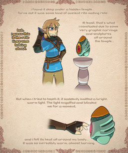 biped blonde_hair clothed clothing hair humanoid_pointy_ears imminent_transformation male not_furry pointy_ears pre-transformation solo text toby_art nintendo the_legend_of_zelda link humanoid hylian 5:6 english_text hi_res