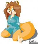 anthro biped brown_hair female fur green_eyes hair kneeling long_hair orange_body orange_fur solo tail omgtkb canid canine fox mammal 2004 low_res