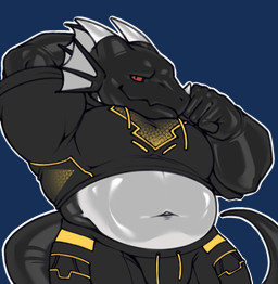 anthro black_body claws clothing dorsal_fin dorsal_frill ear_fins fin frill_(anatomy) grey_body hoodie horn male multicolored_body musclegut muscular pose red_eyes slightly_chubby smile spines topwear wings behimosfreud mythology negadrake dragon mythological_creature mythological_scalie scalie 2026 alpha_channel hi_res