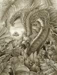 detailed_background duo feral forest jungle open_mouth plant teeth tongue tree katie_hofgard american_mythology aztec_mythology mesoamerican_mythology mythology quetzalcoatl deity dragon human mammal mythological_creature mythological_scalie scalie 2006 traditional_media_(artwork)