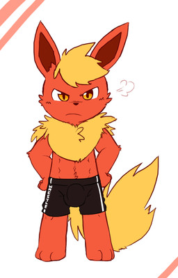 3_toes abs anthro anthrofied big_head boxers_(clothing) bulge clothing detailed_bulge feet fur genital_outline grumpy looking_at_viewer male orange_eyes penis_outline pokemorph solo toes toony tsundere underwear oob nintendo pokemon eeveelution flareon generation_1_pokemon pokemon_(species) 2014