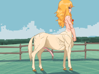 animal_genitalia animal_penis blonde_hair breasts equine_genitalia equine_penis fence genitals gynomorph hair hooves intersex long_hair medial_ring penis pink_penis small_breasts solo split_form meow25meow european_mythology greek_mythology mythology touhou centaur equid equid_taur humanoid_taur mammal mammal_taur taur 4:3