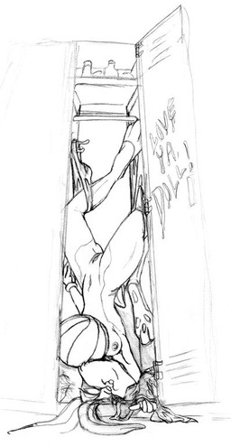 anthro ball basketball_(ball) breasts clothed clothing clothing_around_one_leg female genitals locker nipples nude partially_clothed solo unconscious underwear underwear_around_one_leg underwear_down upside_down vulva horsemage looney_tunes space_jam warner_brothers lola_bunny lagomorph mammal black_and_white monochrome