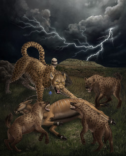 4_toes ambiguous_gender black_lips blood bodily_fluids day death detailed_background feet female feral genitals group lips open_mouth outside paws sky standing teeth toes tongue vulva whiskers yellow_eyes himeragoldtail antelope bovid felid hyena leopard mammal pantherine spotted_hyena hi_res