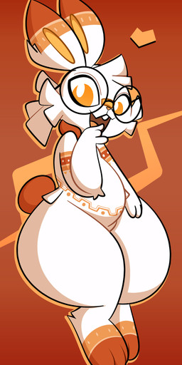 3_fingers 3_toes :3 ambiguous_gender anthro arm_markings belly belly_markings buckteeth cheek_tuft eyewear facial_tuft feet fingers fur glasses head_tuft looking_at_viewer markings multicolored_body multicolored_fur open_:3 open_mouth orange_background orange_body orange_eyes orange_fur orange_markings orange_nose orange_tail round_glasses simple_background solo tail teeth thick_thighs toeless_(marking) toes tongue tuft two_tone_body two_tone_fur white_body white_fur ekkokenight nintendo pokemon generation_8_pokemon pokemon_(species) scorbunny absurd_res hi_res shaded