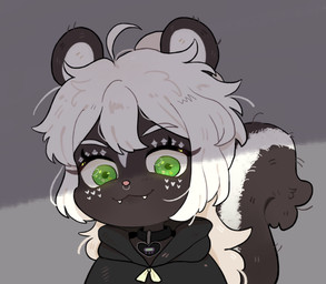 anthro chibi clothing collar facial_piercing fangs fur fur_markings green_eyes hair hoodie male markings nose_piercing nose_ring piercing ponytail ring_piercing smug solo teeth topwear white_hair cottonart mae_peppermint mammal mephitid skunk hi_res andromorph_(lore)