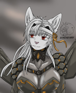 anthro armor clothing female fur hair pink_nose red_eyes solo white_body white_fur white_hair allartskye domestic_cat felid feline felis mammal hi_res
