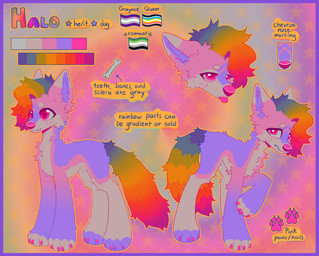 aromantic_pride_colors bone chest_tuft feral freckled_face freckles fur gray_asexual_pride_colors hair lgbt_pride male multicolored_body multicolored_fur multicolored_hair multicolored_tail nervous pink_body pink_fur pride_colors purple_body purple_fur queer_pride_colors rainbow rainbow_background rainbow_body rainbow_fur rainbow_hair rainbow_tail rainbow_theme simple_background solo tail text tuft m1ss1ngtexture halo_(m1ss1ngtexture) canid canine canis domestic_dog mammal colorful_theme english_text hi_res model_sheet