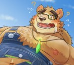 blush clothing denim embarrassed eyebrows eyewear farmer glasses hat headgear headwear jewelry low-angle_view male necklace overalls pecs question_mark straw_hat thick_eyebrows bontiage lifewonders tokyo_afterschool_summoners volos_(tas) bear mammal hi_res