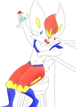 ambiguous_gender anthro blue_body blue_fur cheering drunk fur raised_tail red_body red_fur solo substance_intoxication tail white_body white_fur mr_fuwa nintendo pokemon cinderace generation_8_pokemon lagomorph leporid mammal pokemon_(species) absurd_res hi_res