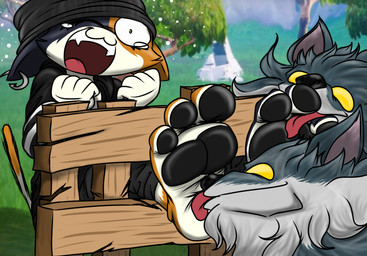 3_toes anthro barefoot beanie black_beanie black_body black_bottomwear black_clothing black_fur black_hat black_headwear black_nose black_pants black_pawpads black_topwear bodily_fluids bottomwear brown_body brown_fur cheek_tuft clothed clothed_anthro clothed_female clothing crying_laughing ear_piercing empty_eyes facial_tuft fangs feet female feral fish_hook fish_hook_piercing foot_fetish foot_lick foot_play fur fur_tuft grey_body grey_fur group hat headgear headwear hook laugh licking multicolored_body multicolored_fur one_eye_closed open_mouth open_smile pants pawpads piercing restrained smile tail tears teeth tickle_fetish tickle_torture tickling tickling_feet toe_lick toes tongue tongue_out topwear trio tuft white_body white_fur yellow_eyes raphjam85 epic_games fortnite meow_skulls calico_cat canid canine canis domestic_cat felid feline felis mammal wolf hi_res