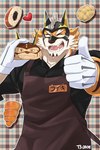 anthro baking clothing cooking dessert food gloves handwear male mask simple_background solo chuurow lifewonders live_a_hero ryekie_(live_a_hero) felid mammal pantherine tiger 2:3 hi_res