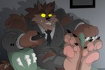 3_toes 4_fingers annoyed anthro canid canine canis claws clothing controller countershade_feet countershading feet fingers foot_focus goosebumps hikazedragon humanoid_feet inside living_room male mammal mythological_canine mythological_creature mythology pawpads paws pink_pawpads plantigrade remote_control ripped_sofa scratches shadow sharp_teeth signature soles solo teeth toes torn_clothing tv_remote were werecanid werecanine werewolf wolf yellow_sclera