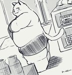 anthro belly blush clothing dressing inside kemono male overweight overweight_anthro overweight_male solo underwear uokkom domestic_cat felid feline felis mammal 2021 hi_res sketch