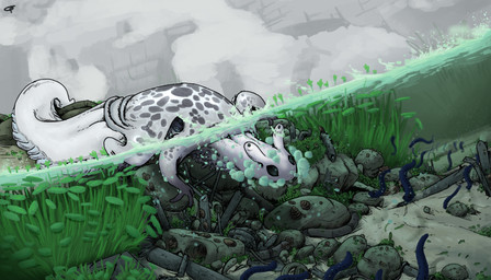 3_fingers air_bubble ambiguous_gender blue_eyes detailed_background feral fingers partially_submerged plant solo tail water white_body cohavmuzar rain_world videocult annelid leech slugcat worm 2025 7:4 hi_res
