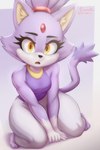 anthro bottomwear breasts clothed clothing eyelashes female forehead_gem gem hair kneeling looking_at_viewer markings open_mouth pants purple_body simple_background small_breasts solo tail tail_markings thick_thighs topwear white_background wide_hips yellow_eyes azuretto sega sonic_the_hedgehog_(series) blaze_the_cat domestic_cat felid feline felis mammal absurd_res hi_res