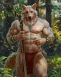 5_fingers abs anthro bottomwear bracelet clothed clothing detailed_background druid fingers forest forest_background front_view fur holding_object holding_staff jewelry loincloth loincloth_only looking_at_viewer magic_user male muscular muscular_male nature nature_background necklace nipples pecs plant realistic_lighting red_bottomwear red_clothing red_loincloth solo staff standing tail topless tree tribal_spellcaster vein veiny_muscles taran_fiddler canid canine canis mammal wolf 2024 hi_res signature