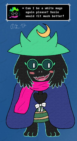 anthro blush cosplay crossover_cosplay dark magic_user smile text devluca17 deltarune final_fantasy square_enix undertale_(series) ralsei bovid caprine darkner mammal 2024 absurd_res crossover digital_media_(artwork) english_text hi_res