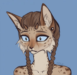 anthro braided_hair brown_hair ear_piercing female fur green_eyes hair horn inner_ear_fluff long_hair looking_away piercing simple_background solo tan_body tan_fur tuft r10iwr felid feline mammal 2023 character_request hi_res portrait sketch watermark