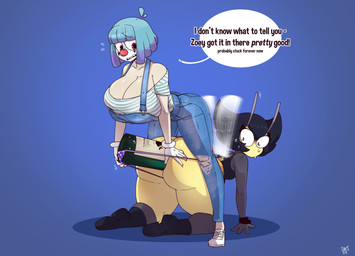 all_fours antennae_(anatomy) anthro big_breasts big_butt black_clothing black_hair black_topwear blue_background blue_hair bodily_fluids boots breasts butt butt_grab cleavage clothed clothing clown clown_makeup clown_nose denim dialogue duo eyelashes female footwear gloves hair hand_on_butt handwear huge_breasts huge_butt insect_wings kneeling light_body light_skin mouthless object_in_ass overalls panties pattern_clothing pattern_shirt pattern_topwear polka_dot_panties purple_clothing purple_hair purple_panties purple_underwear red_eyes shirt shoes simple_background speech_bubble striped_clothing striped_shirt striped_topwear stripes sweat sweatdrop topwear torn_clothing underwear white_clothing white_gloves white_handwear wine_bottle wings wristband gats fizzie_(vendant) karri arthropod bee human hymenopteran insect mammal hi_res