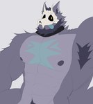 abs anthro armpit_hair blue_body blue_fur blue_markings blue_tongue body_hair bone chest_markings collar fur grey_body grey_fur male markings mask muscular muscular_anthro muscular_male nipples one_eye_closed pecs purple_body purple_fur skull_mask solo tongue tongue_out wink yellow_eyes dogguni atlas_(juggermelon) canid canine canis mammal wolf himbo hi_res