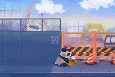 armor black_body chibi construction_site construction_worker detailed_background flower hard_hat headgear helmet outside plant sitting solo white_body araru bear giant_panda mammal 2021 absurd_res hi_res