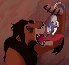 black_hair brown_body brown_fur eye_scar facial_scar feral feral_pred feral_prey fur hair imminent_vore macro male male_pred male_prey micro open_mouth scar size_difference teeth tongue tongue_out white_body white_fur techno-raptor disney the_lion_king scar_(the_lion_king) felid lion mammal pantherine sergal hi_res