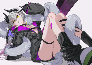 back_wings band-aid bandage bent_arm bent_legs black_clothing black_coat black_footwear black_gloves black_handwear black_shoes black_topwear breasts clothed clothing coat ear_piercing ear_ring female footwear gloves grey_hair hair hair_between_eyes hand_symbol handwear horn knock-kneed long_hair markings partially_clothed piercing pointy_ears prick_ears ring_piercing shoes simple_background sitting small_breasts thigh_strap tongue tongue_out topwear white_background wings yellow_eyes khye_154 fate_(series) type-moon lilith_(fate) demon demon_humanoid horned_humanoid humanoid reptile scalie snake absurd_res hi_res