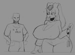 anthro big_breasts bodily_fluids breasts cleavage clothed clothing duo female huge_breasts male male/female mature_female nipple_outline purse sweat wide_hips postpluvial sega sonic_the_hedgehog_(series) vanilla_the_rabbit human lagomorph leporid mammal rabbit monochrome