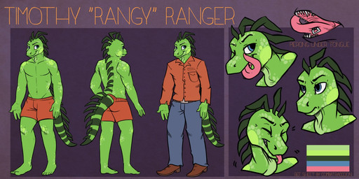 anthro blue_bottomwear blue_clothing blue_eyes blue_pants bottomwear brown_clothing brown_footwear brown_shoes clothed clothing countershade_scales countershading dewlap_(anatomy) extended_tongue feet footwear green_body green_skin head_spines male markings navel palate_ridges palette pants piercing pink_tongue red_clothing red_shirt red_topwear red_underwear scales shirt shoes snout solo spiked_tail spikes spikes_(anatomy) striped_markings striped_tail stripes tail tail_markings teeth text toes tongue tongue_out tongue_piercing topwear underwear underwear_only combatraccoon timothy_ranger iguana iguanid lizard reptile scalie 2:1 character_name model_sheet