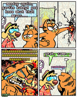 4_panel_comic anthro black_stripes blood bodily_fluids cigarette cigarette_in_mouth clothing crying dialogue duo eyewear floppy_ears fur half-closed_eyes hat headgear headwear humor male narrowed_eyes object_in_mouth orange_body orange_fur punching_wall screaming smoking_tobacco speech_bubble striped_body striped_fur stripes sunglasses tears text yellow_body yellow_fur rawdawgcomics garfield_(series) garfield_the_cat stahli_(rawdawgcomics) bird_dog canid canine canis domestic_cat domestic_dog felid feline felis golden_retriever hunting_dog mammal retriever 4:5 comic english_text hi_res