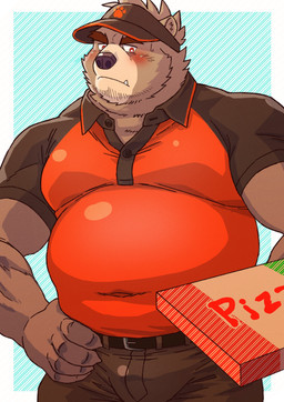 anthro belly biped blush bottomwear box clothing container cute_fangs delivery_(commerce) fangs food_delivery male musclegut muscular pants pizza_box pizza_delivery shirt slightly_chubby solo standing teeth topwear ryuta-h bear mammal 2026 absurd_res hi_res