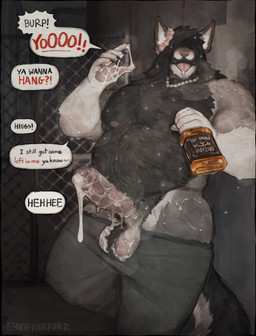 alcohol alley balls beverage bodily_fluids clothed clothing dialogue drunk erection excessive_genital_fluids excessive_precum genital_fluids genitals hair hair_over_eyes inviting_viewer leaking_precum leaning_on_wall male musk partially_clothed penis precum solo substance_intoxication text tongue tongue_out fanofthefurr calhoun_(subowofer) canid canine canis humanoid mammal wolf absurd_res english_text hi_res