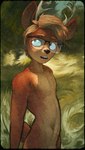 abstract_background anthro antlers belly blonde_hair blue_eyes brown_body brown_fur eyewear fur glasses hair horn inner_ear_fluff male nude slim solo tail tuft super_ugly_world_(artist) deer mammal absurd_res hi_res