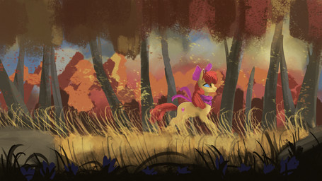accessory autumn bow_(feature) bow_accessory bow_ribbon centered_hair_bow cutie_mark female flower forest grass hair hair_accessory hair_bow hair_ribbon orange_eyes outside plant red_hair ribbons scarf scenery smile solo tree wind paperdrop friendship_is_magic hasbro my_little_pony apple_bloom_(mlp) earth_pony equid equine horse mammal pony 16:9 2017 hi_res wallpaper widescreen