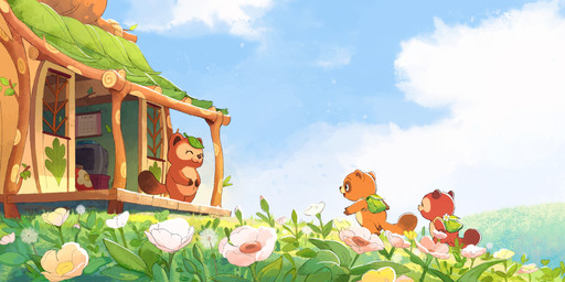 backpack brown_body brown_nose building chibi cloud eyes_closed flower group house leaf navel outside plant x_navel mariam_hachmi taki_tanuki canid canine mammal raccoon_dog tanuki hi_res