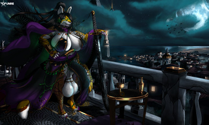 anthro balcony balls big_balls big_breasts big_penis black_hair breasts cape clothed clothing countershading flaccid genitals green_eyes gynomorph hair huge_balls huge_breasts huge_penis humanoid_genitalia humanoid_penis hyper hyper_genitalia hyper_penis intersex jewelry melee_weapon night nipples penis robe skimpy solo sword vein veiny_breasts weapon tyunre zhali felid mammal pantherine tiger 2022 5:3 digital_media_(artwork) hi_res