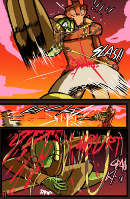 anthro blood bodily_fluids chain clothed clothing female gore group horn male melee_weapon restrained sword tail text trio weapon brradett lernie_(brradett) human mammal scalie absurd_res colored comic digital_drawing_(artwork) digital_media_(artwork) hi_res