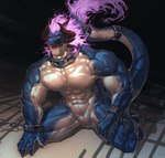 abs animal_genitalia anthro bdsm bent_legs biceps big_muscles blue_body chained_cuffs collar cuff_(restraint) genital_slit genitals hand_on_ground high-angle_view kneeling looking_aside male multicolored_body muscular muscular_male open_mouth pecs prison quads red_eyes restraints shackles solo tail tail_cuff three-quarter_view two_tone_body white_body adios_(pixiv) mythology dragonorcane_(character) dragon mythological_creature mythological_scalie scalie hi_res