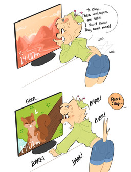 accessory anthro barking behaving_like_a_dog bent_over black_nose bottomwear bow_ribbon clothed clothing denim denim_bottomwear denim_clothing denim_shorts dialogue ear_piercing electronics eyebrows eyelashes female floppy_ears fully_clothed fur gesture growling hair hair_accessory hair_bow hair_ribbon hand_gesture hoodie monitor offscreen_character open_mouth open_smile piercing pointing ribbons sharp_teeth short_hair shorts smile solo sound_effects speech_bubble tail tail_motion tailwag tan_body tan_fur tan_hair teeth text topwear cherry_beries berri_(cherry_beries) canid canine canis domestic_dog mammal 2025 english_text hi_res