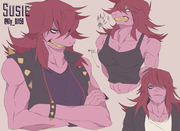 5_fingers anthro armband armlet axe bracelet claws clothed clothing dialogue female fingers front_view fully_clothed hair jewelry long_hair melee_weapon pink_body pink_scales purple_hair scales simple_background solo spiked_armband spiked_bracelet spikes standing text weapon kly_dj159 deltarune undertale_(series) susie_(deltarune) reptile scalie 2018 digital_media_(artwork) hi_res japanese_text portrait signature