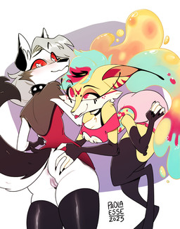 4_arms 4_fingers anthro anus bent_over black_body black_fur blep blue_hair blush blush_lines bottomless bottomless_anthro bottomless_female bottomwear breasts butt butt_grab choker cleavage cleavage_cutout clothed clothing clothing_lift collar crop_top cutout duo ear_piercing ear_ring eyebrows eyelashes eyeliner female fingerless_gloves fingers fur genitals gloves grey_hair hair hand_on_butt handwear hotpants jewelry leaning leaning_forward legwear long_eyelashes long_hair looking_back makeup mouth_closed multi_arm multi_limb multicolored_body multicolored_fur multicolored_tail necklace piercing pink_eyes pseudo_hair pupils raised_eyebrow red_sclera ring_piercing shirt shorts shoulderless_topwear simple_background slit_pupils smile spiked_collar spikes stockings tail text tongue tongue_out topwear vulva white_background white_body white_eyes white_fur yellow_body yellow_fur yellow_sclera paolaessegraphics hellaverse helluva_boss mythology loona_(helluva_boss) queen_bee-lzebub_(helluva_boss) arthropod canid canid_demon canine demon fennec_fox fox hellhound hybrid hymenopteran insect mammal mythological_canine mythological_creature true_fox 2025 absurd_res artist_name hi_res watermark