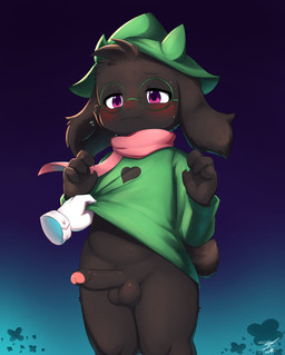 2_horns 4_fingers anthro aroused aroused_face balls bedroom_eyes big_ears black_body black_fur blush bodily_fluids bottomless cheek_tuft claws clothed clothing clothing_lift cute_fangs disembodied_hand ears_down erection eyewear facial_tuft fangs fingers foreskin fur genitals glans glasses green_clothing green_headwear green_topwear hair half-closed_eyes hat headgear headwear heart_symbol horn humanoid_genitalia humanoid_penis male narrowed_eyes navel no_underwear partially_retracted_foreskin penis pivoted_ears purple_eyes scarf seductive simple_background slightly_chubby solo standing sweat sweatdrop tail teeth topwear tuft witch_hat young young_anthro young_male lotte_cherman deltarune undertale_(series) ralsei bovid caprine goat mammal absurd_res digital_media_(artwork) hi_res