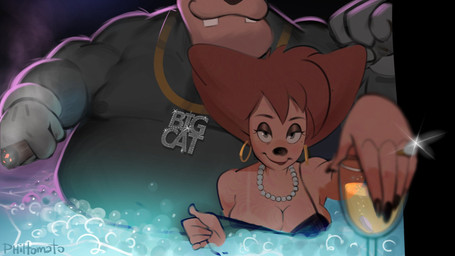 acrylic_nails alcohol anthro bedroom_eyes belly beverage black_body black_eyeshadow black_nails black_nose breasts chain chain_necklace champagne champagne_glass cigar cleavage clothed clothing colored_nails container cup diamond_(gem) diamond_necklace diamond_ring digit_ring drinking_glass duo ear_piercing ear_ring eyeshadow female gem glass glass_container glass_cup gold_(metal) gold_chain gold_ear_ring gold_jewelry gold_necklace grin grinning_at_viewer hair hoop_ear_ring hot_tub implied_cuckold jewelry lit_cigar looking_at_viewer makeup male male/female markings mole_(marking) nails narrowed_eyes necklace obscured_face off_shoulder offering_beverage offering_to_viewer overbite overweight overweight_anthro overweight_male pearl_(gem) pearl_necklace piercing red_hair ring ring_piercing seductive size_difference smile smiling_at_viewer smoking smoking_cigar suntan tan_line undressing wedding_ring wing_eyes philtomato disney goof_troop peg_pete peter_pete_sr. felid feline mammal 16:9 2026 hi_res widescreen