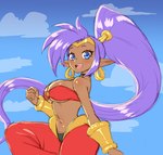 2023 absurd_res blue_eyes bra breasts brown_body brown_skin cleavage clothed clothing cloud day ear_piercing ear_ring female genie hair hi_res humanoid humanoid_pointy_ears long_hair midriff not_furry open_mouth open_smile piercing ponytail purple_hair ring_piercing shantae shantae_(series) simmsyboy smile solo underwear wayforward